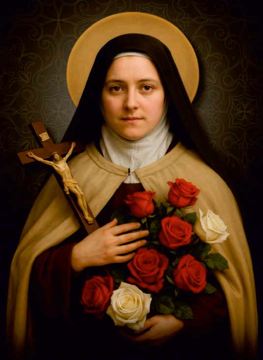 Santa Teresinha do Menino Jesus segurando um crucifixo e um buquê de rosas, vestindo o hábito carmelita.