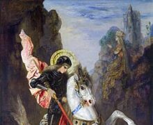 São Jorge montado em um cavalo branco, vestindo armadura e atravessando um dragão com sua lança