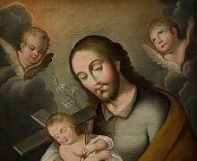 São José segurando o Menino Jesus nos braços, com anjos ao redor e um lírio na mão, em pintura religiosa clássica