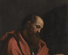 São Paulo Apóstolo segurando uma espada (símbolo do seu martírio e da Palavra de Deus) e um livro