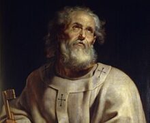 São Pedro representado como um homem idoso, de barba branca, segurando duas chaves grandes (uma de ouro e uma de prata) e um pergaminho